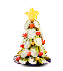 Snowflakes. Hot Holiday Special! Delicious Christmas tree made of kiwifruit, pineapple and strawberries.